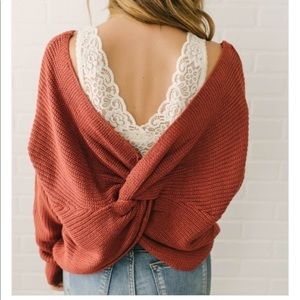 Knot back twist sweater- brick size medium